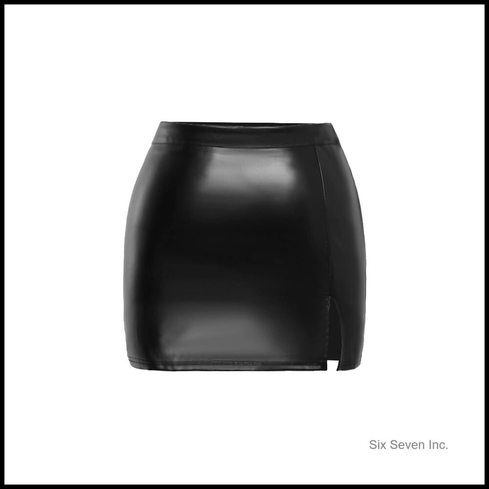 Plus Size Leather Skirt High Waisted Split Hem Bodycon Mini